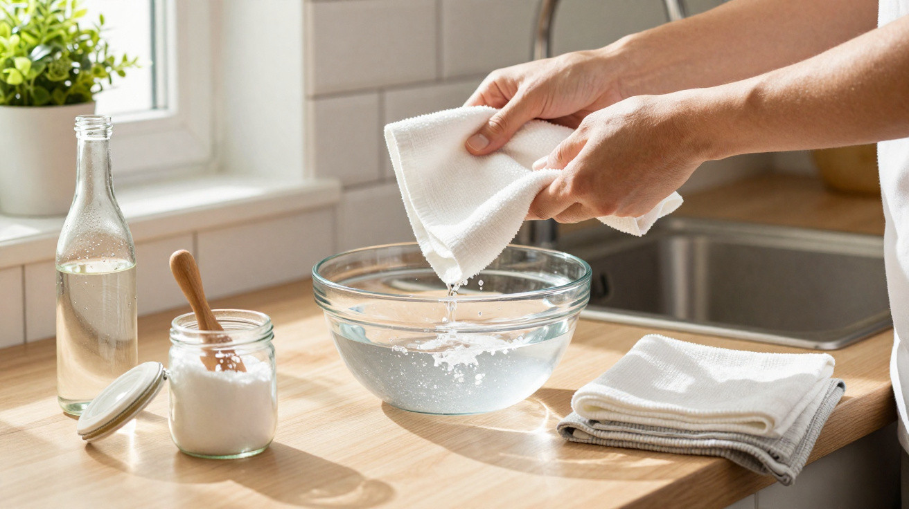 Hands wringing a wet white cloth over a glass bowl on a wooden kitchen countertop.