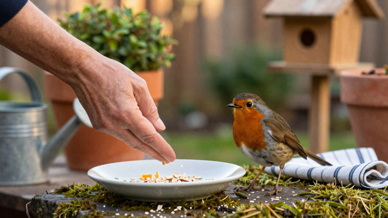 Hand feeding a European robin on a garden table with birdseed and birdhouse in the background.