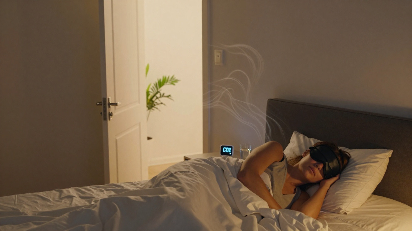 Woman sleeping with eye mask in bed, CO2 monitor on bedside table showing air quality.