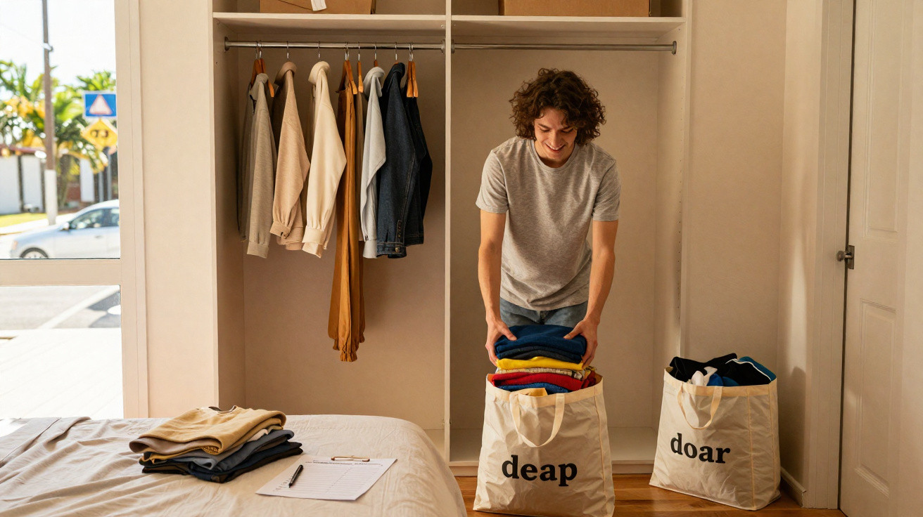 Person folding clothes into a laundry bag labelled "deap" in a tidy bedroom with hanging clothes and a bed.