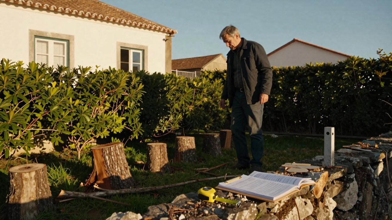 Older man standing in garden surrounded by tree stumps, next to stone wall with open notebook and tape measure.