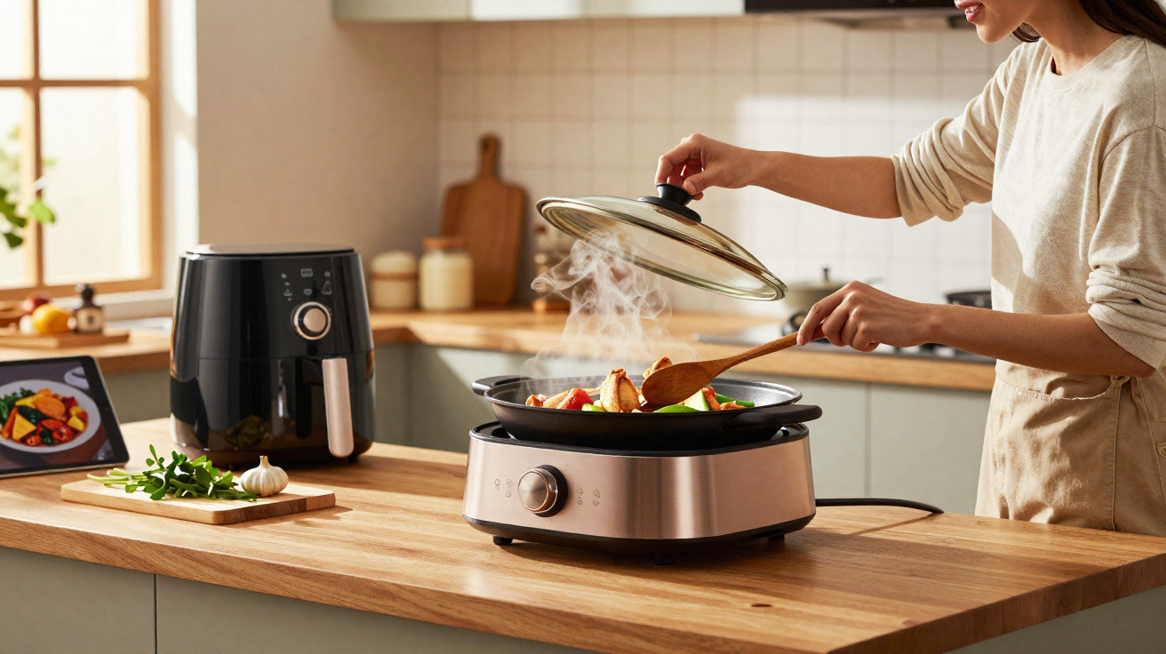 Person cooking vegetables and chicken on electric hot plate in a modern kitchen with air fryer nearby.