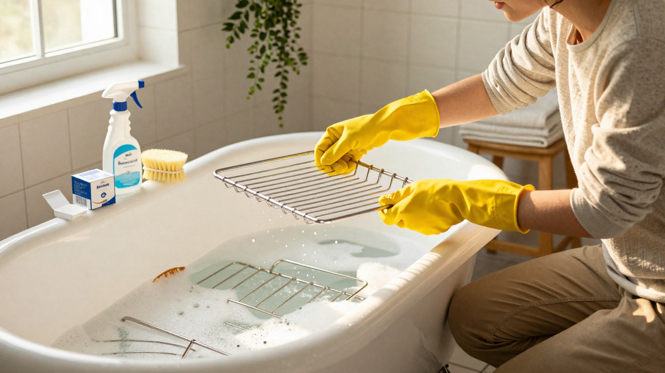Person wearing yellow gloves washing metal oven racks in a bubble-filled bathtub in a bright bathroom.