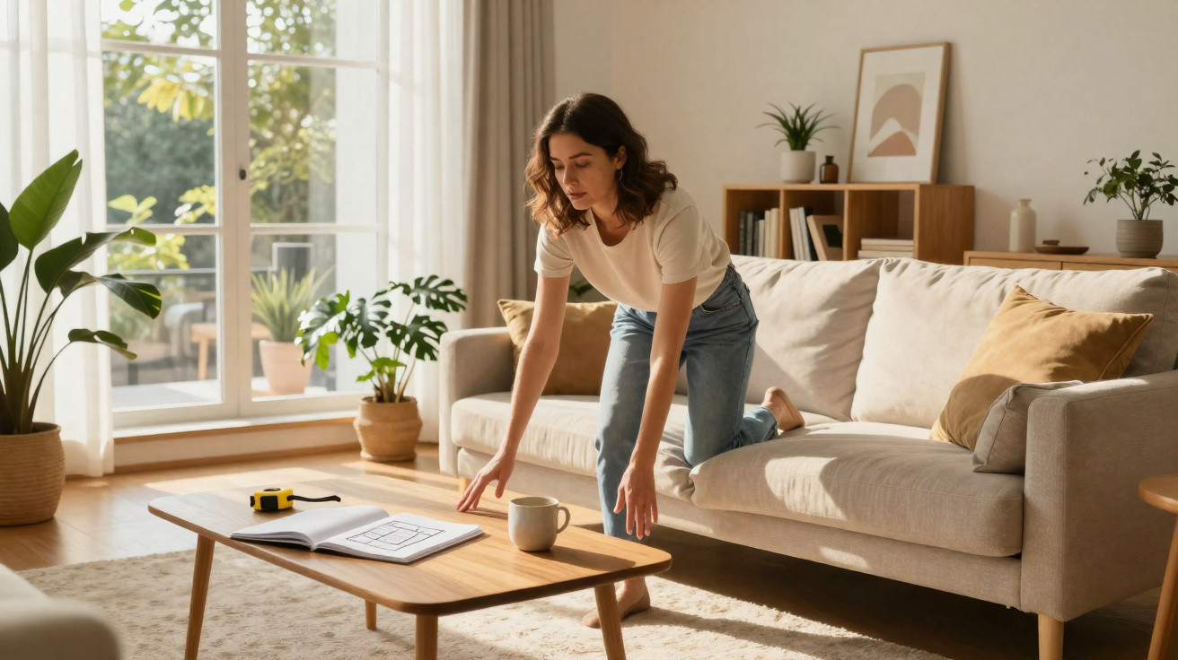 Woman arranging items on a wooden coffee table in a bright, cosy living room with plants and neutral decor.