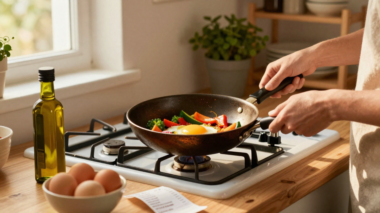 Person cooking a fried egg with mixed vegetables in a frying pan on a gas stove in a kitchen.