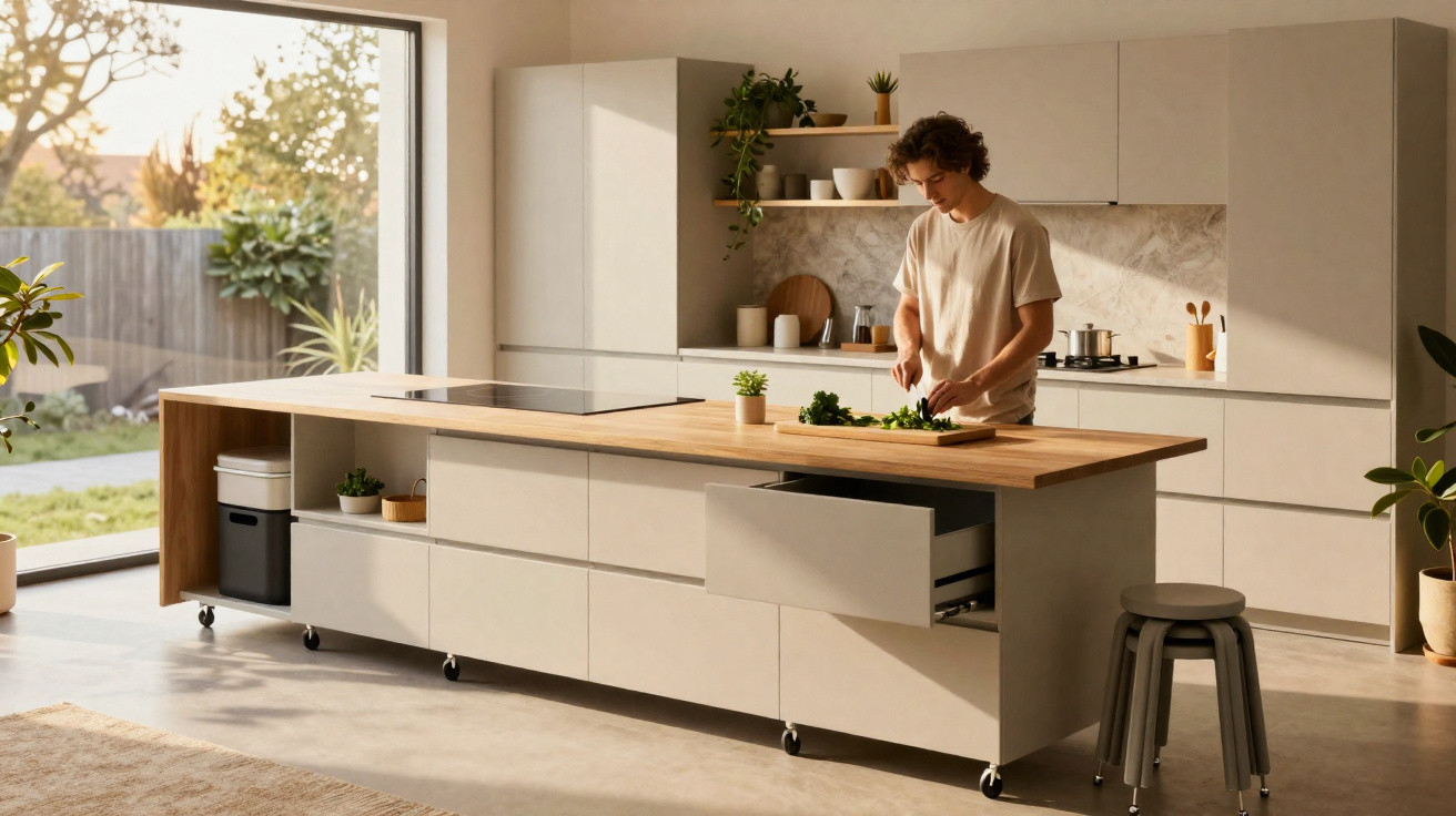 Young man chopping vegetables on a wooden island in a modern kitchen with natural light and open shelving.