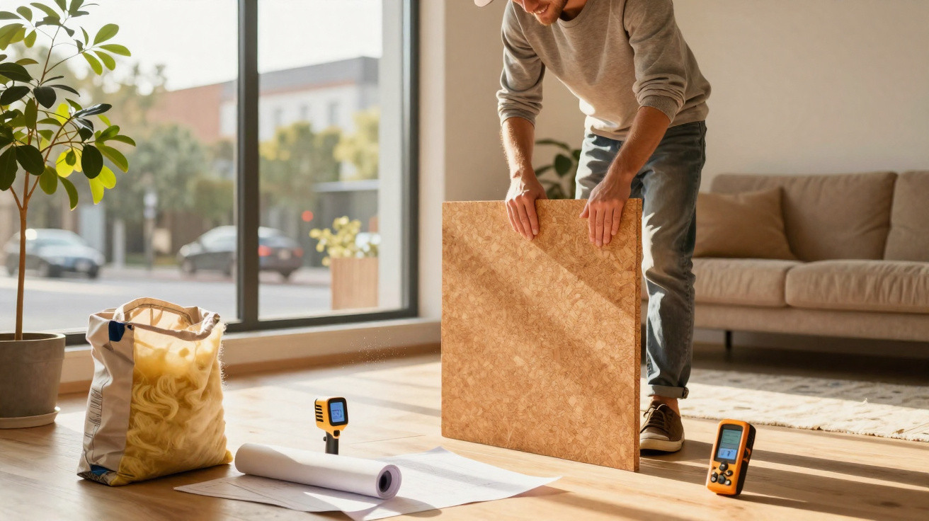 Man holding a wooden board in a sunlit living room with tools, plans, and a plant by the window.