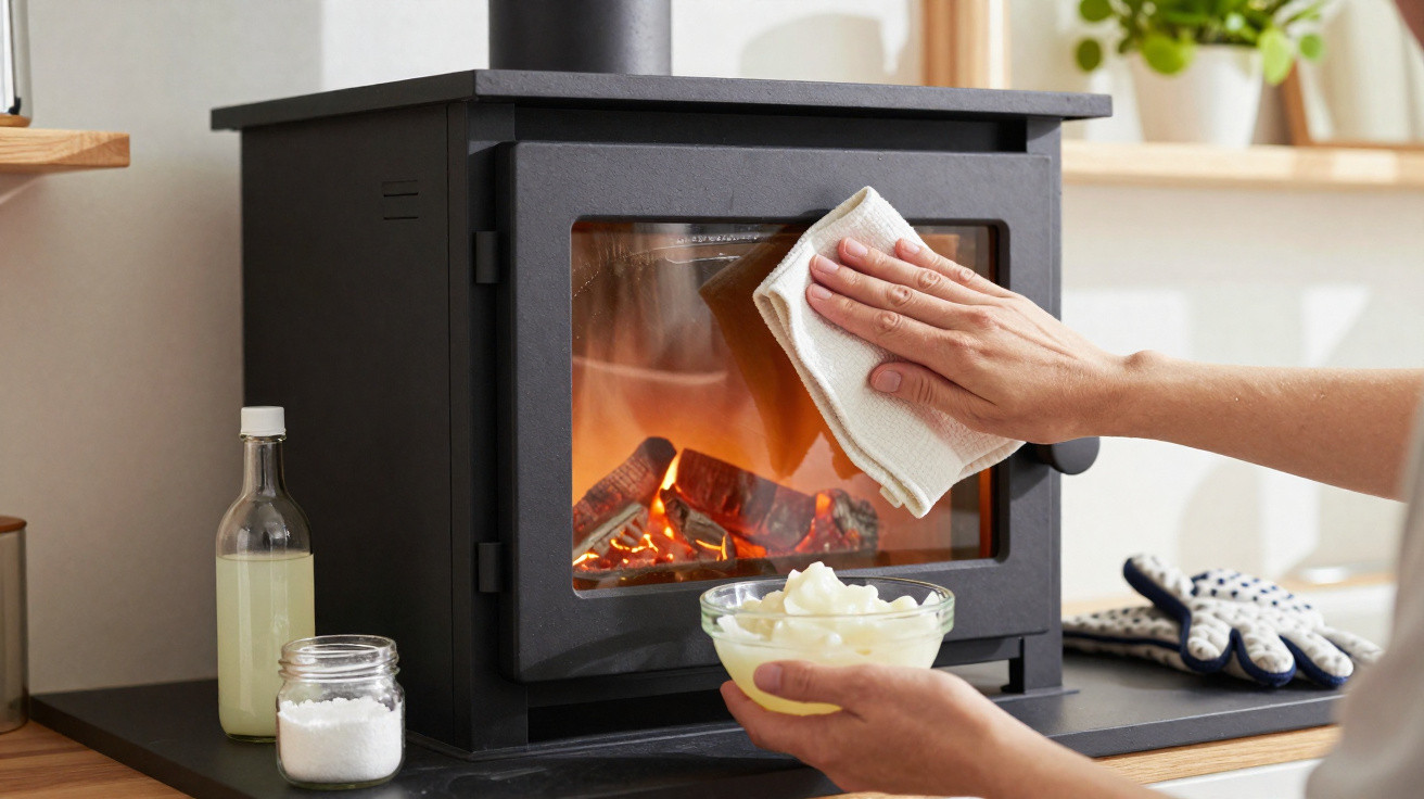 Person cleaning the glass door of a burning wood stove with a cloth in a cosy indoor setting.