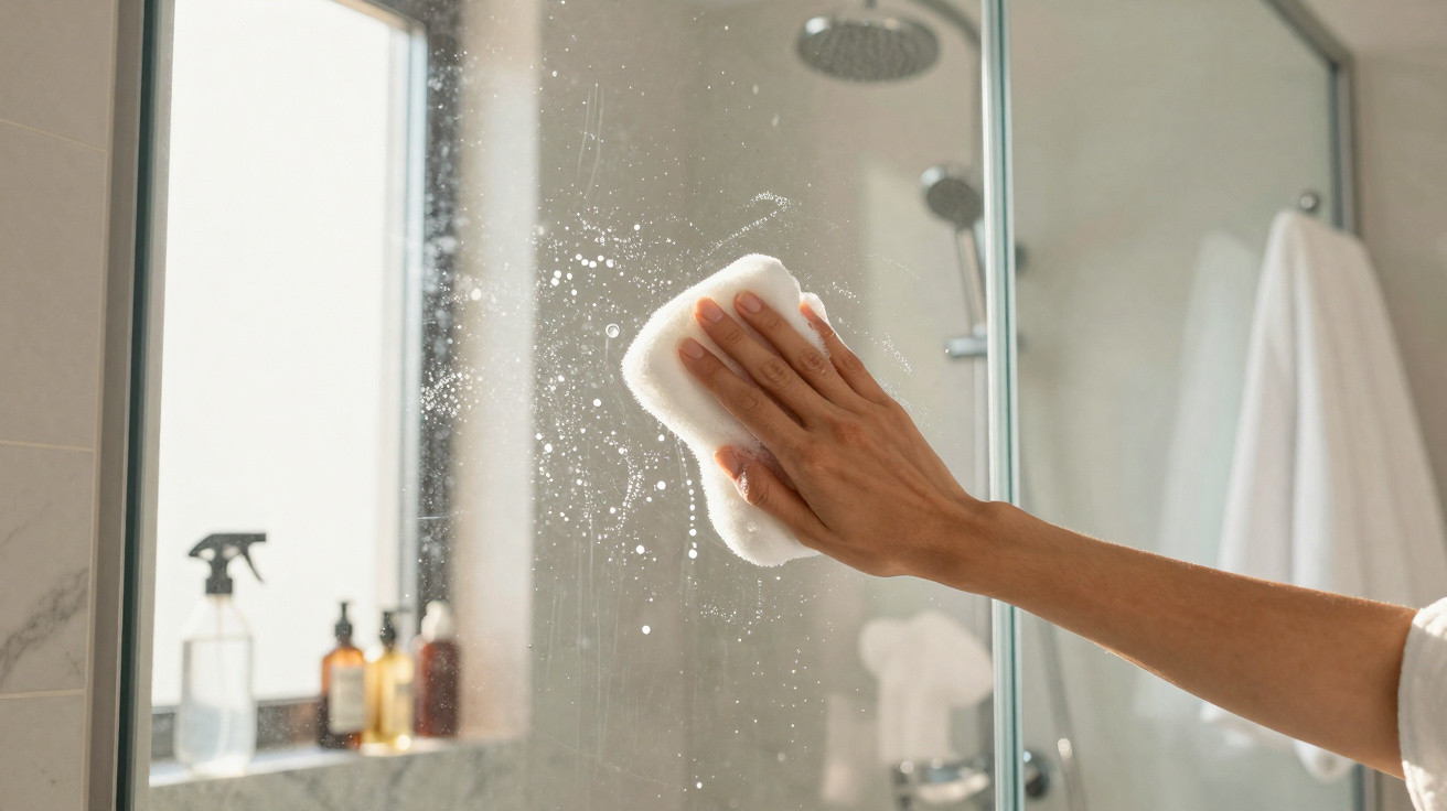 Hand cleaning a foggy mirror with a white sponge in a bright modern bathroom.