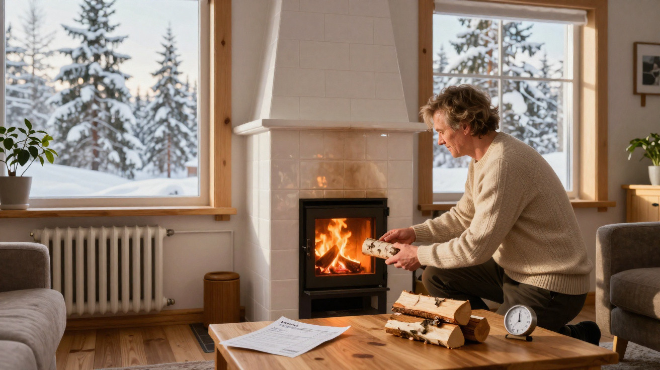 Middle-aged man placing firewood in a lit wood-burning stove in a cosy snowy cabin.