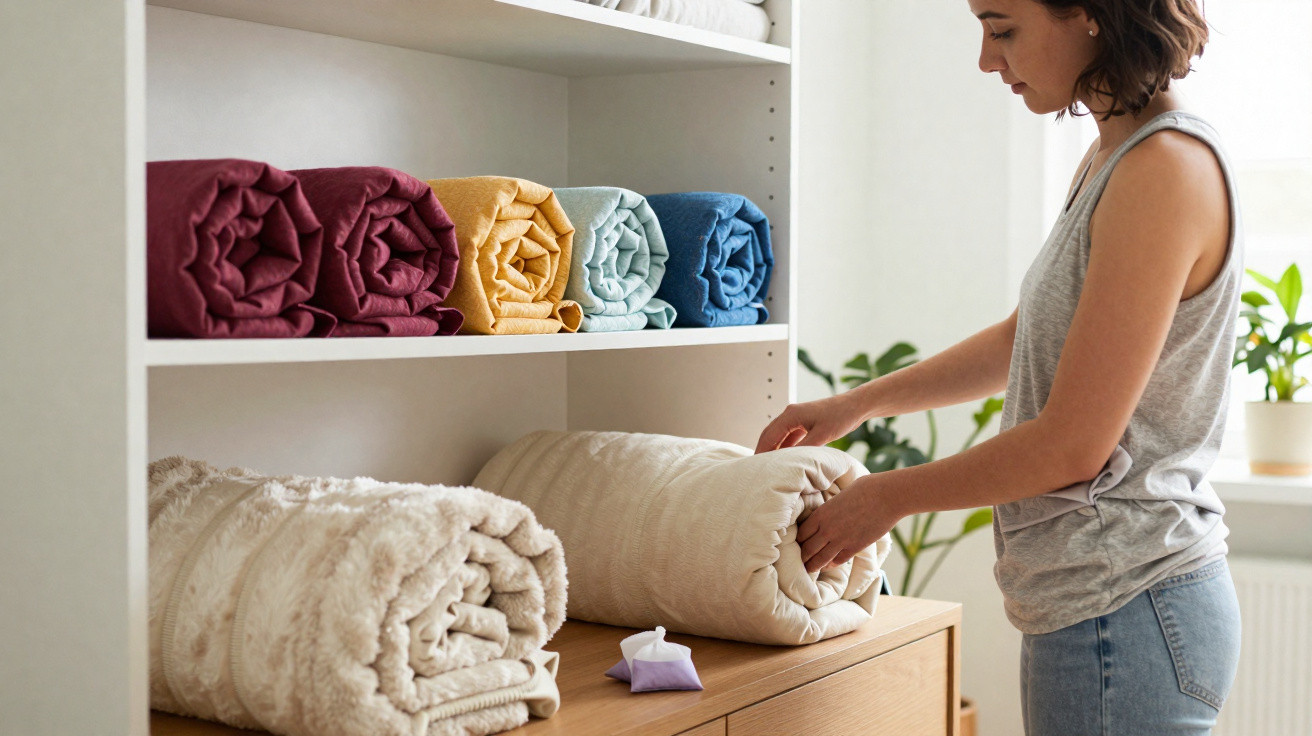 Woman organising rolled-up blankets and towels on shelves in a bright, tidy room with plants in the background.