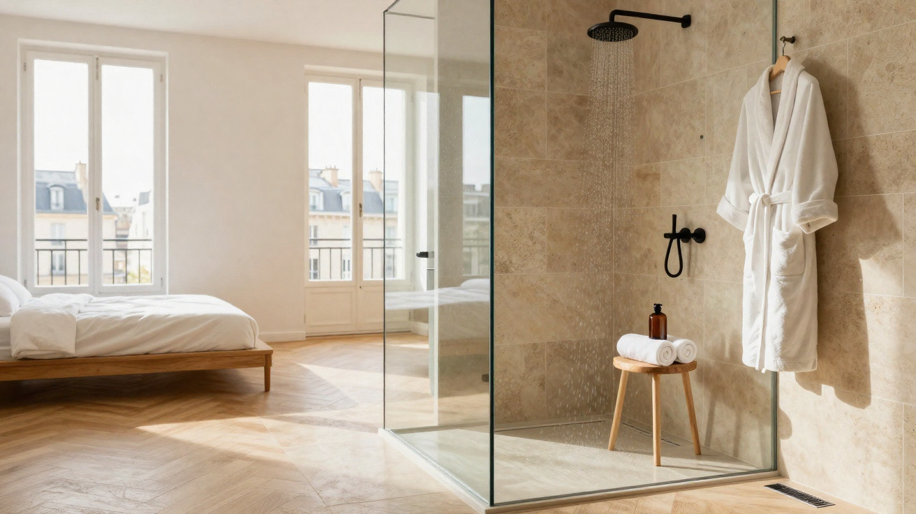 Bright bedroom with wooden bedframe and open glass shower featuring beige tiles, a robe, and rolled towels on stool.