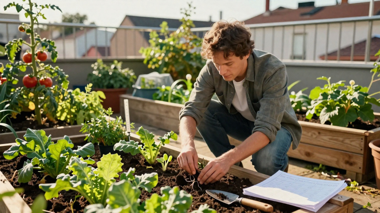 Young man planting seedlings in an urban rooftop vegetable garden on a sunny day