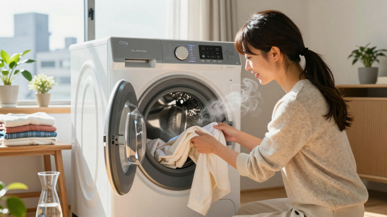 Woman taking warm clothes from a front-loading washing machine in a bright, tidy room with natural light.