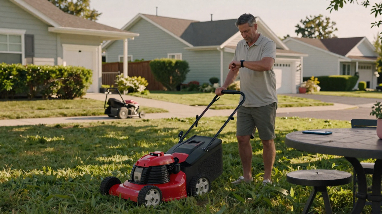 Middle-aged man in shorts and polo shirt checking his watch while mowing an overgrown lawn in a suburban yard.