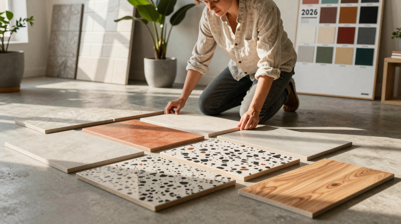 Person kneeling on floor arranging various ceramic and wood tile samples in a bright studio.