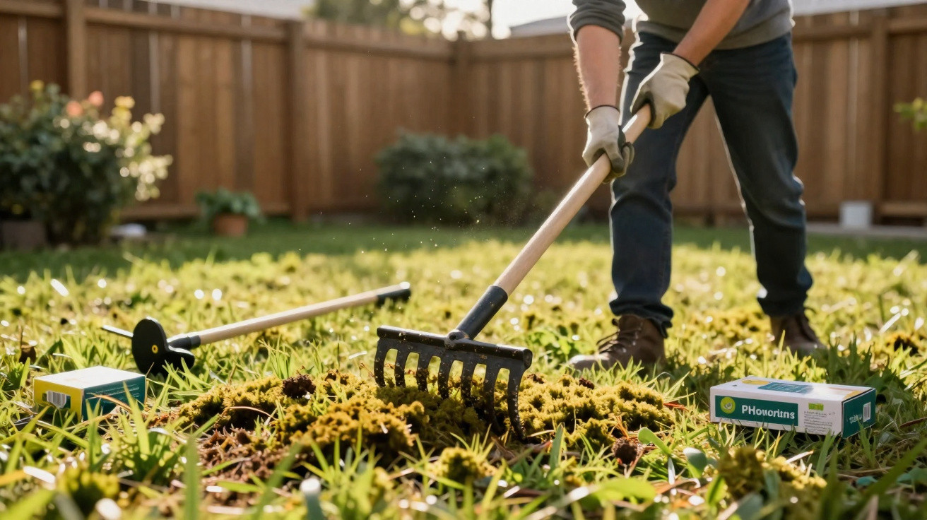 Person raking moss and debris in a sunlit garden lawn near fertilizer boxes and a wooden fence.