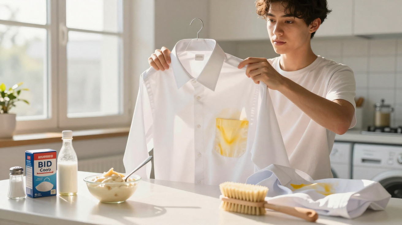 Young man inspecting a white shirt with yellow stains on the pocket in a bright kitchen setting.