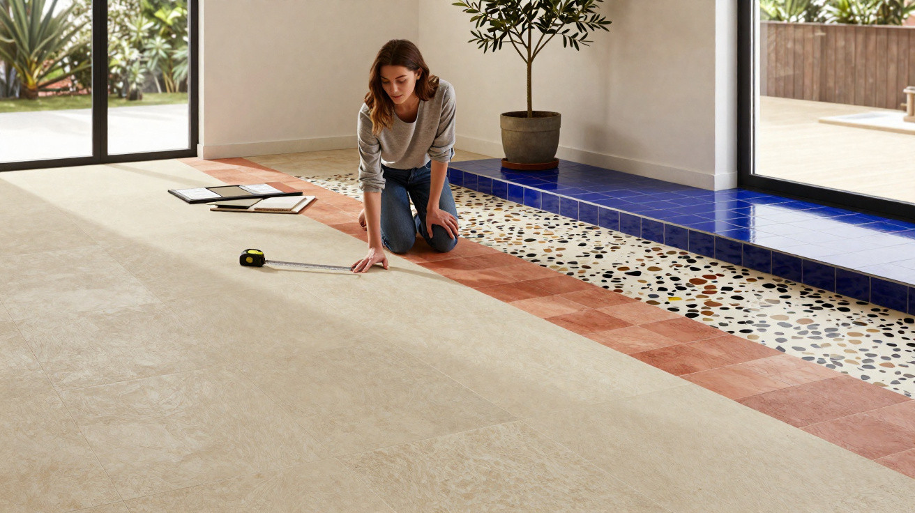 Woman kneeling indoors measuring beige tiled floor with tape measure near a blue tiled step and potted plant.
