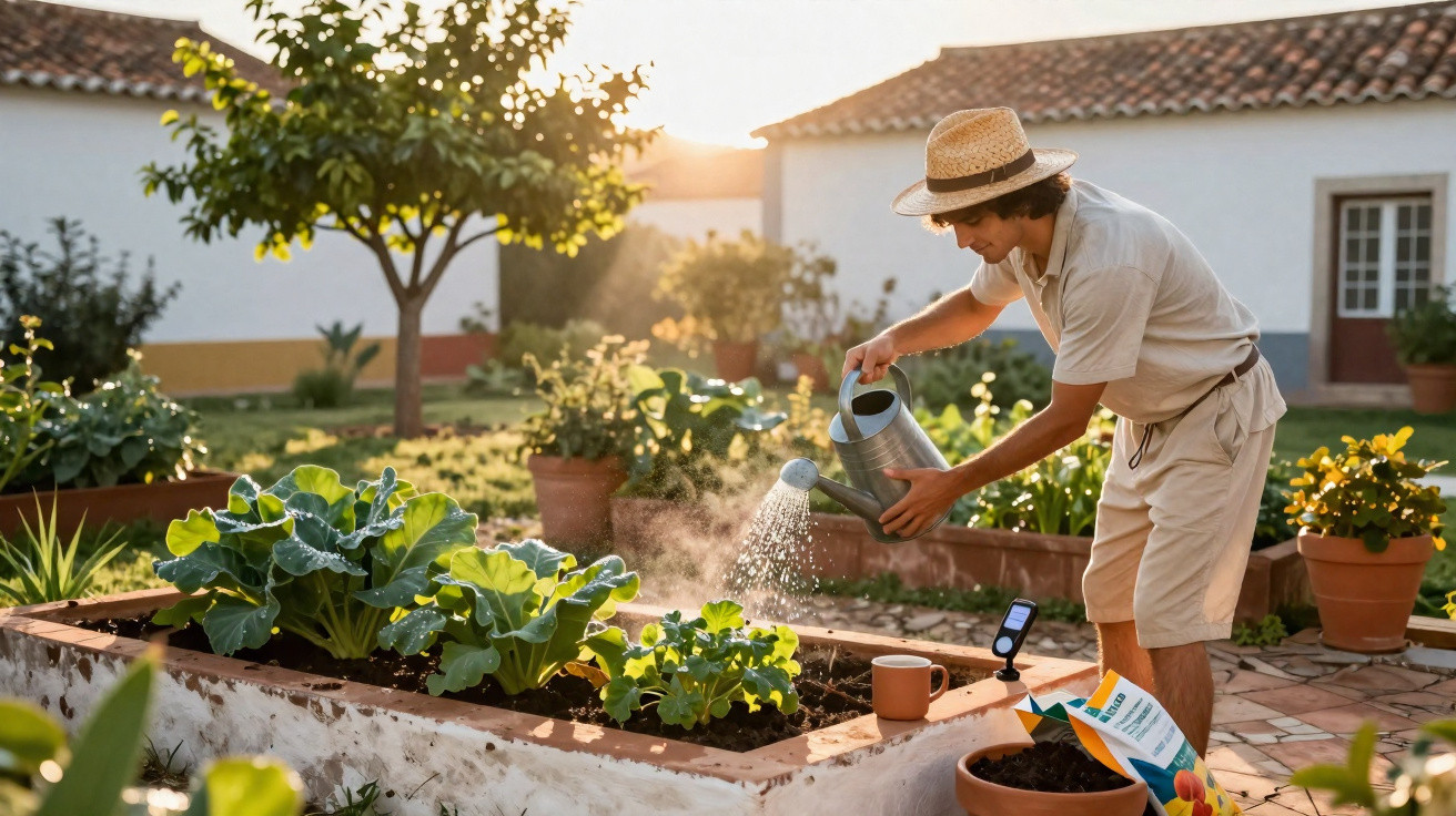 Man in hat watering plants in a raised garden bed at a sunny home garden.