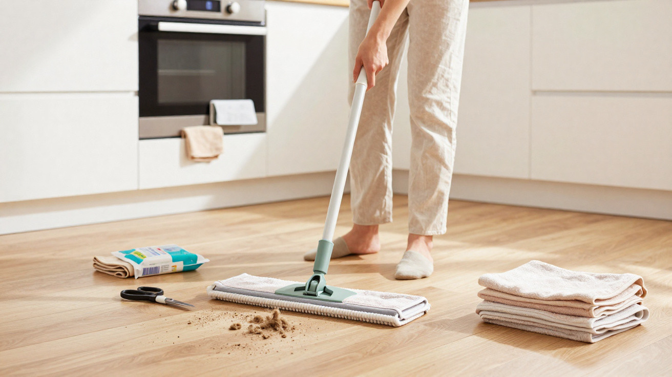 Person mopping dust on a wooden kitchen floor with cleaning cloths and supplies nearby.