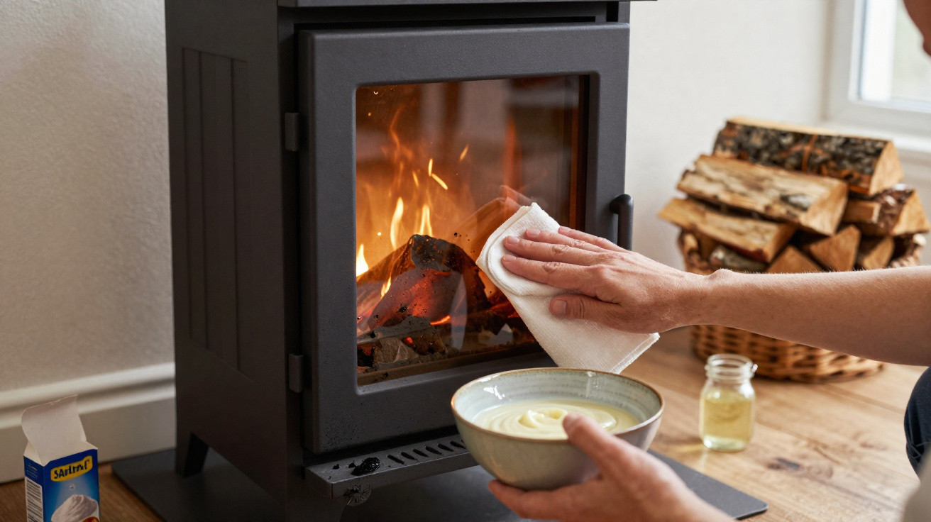 Person cleaning the glass door of a wood-burning stove with a cloth, holding a bowl of cream.