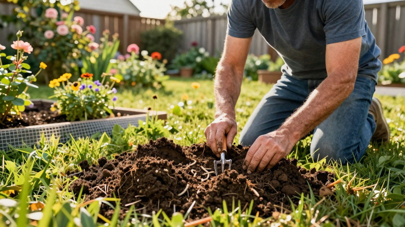 Person kneeling and gardening with small hand rake in a sunny flower garden with a wooden fence in background.