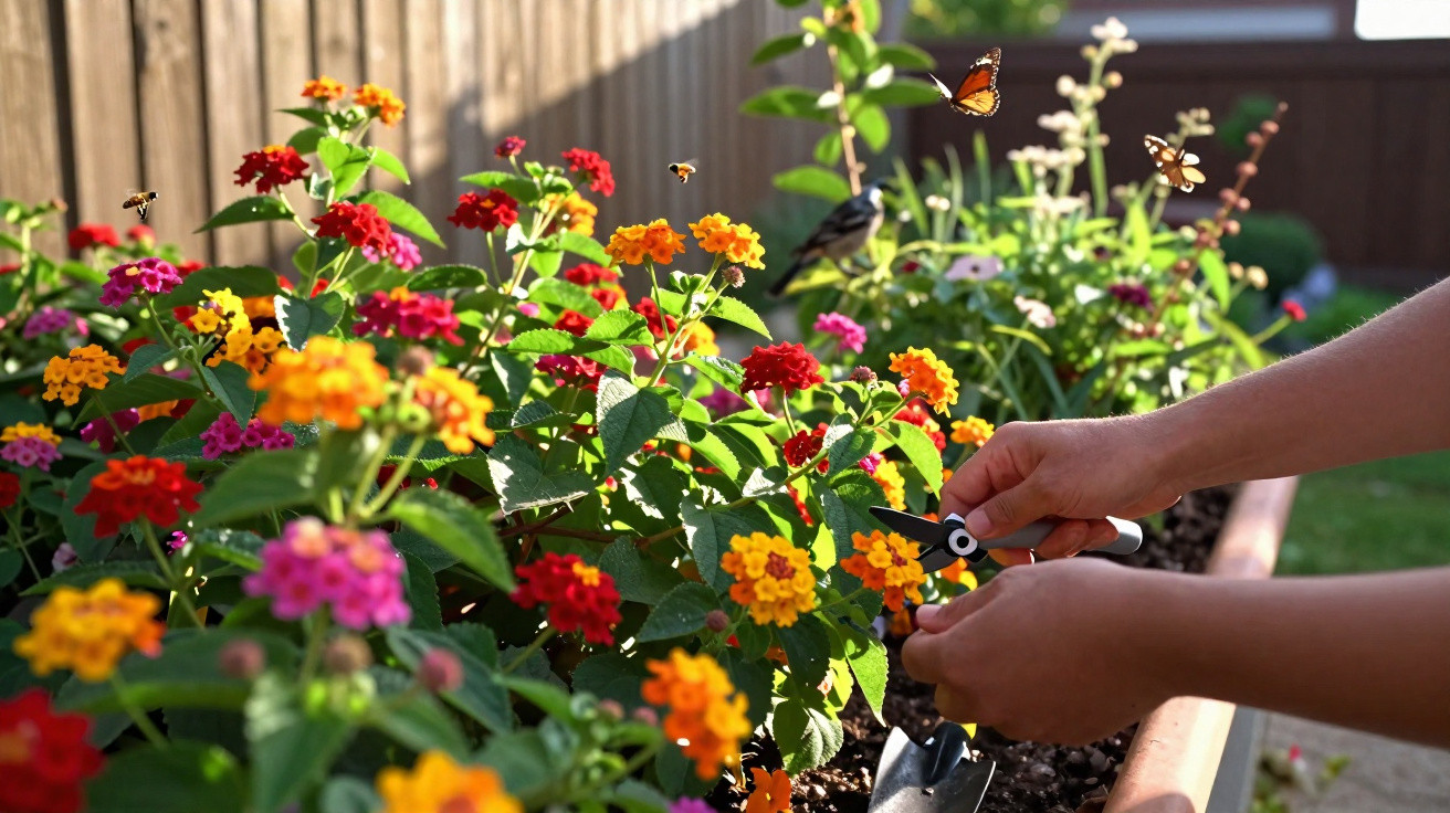Hands pruning colourful flowers in a garden bed with a butterfly and bees flying nearby in sunlight.