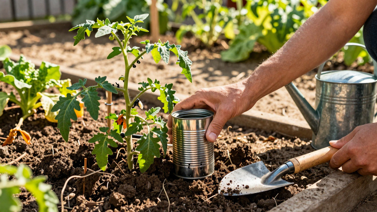 Person planting a tomato seedling in soil using a tin can and hand trowel in a garden bed.