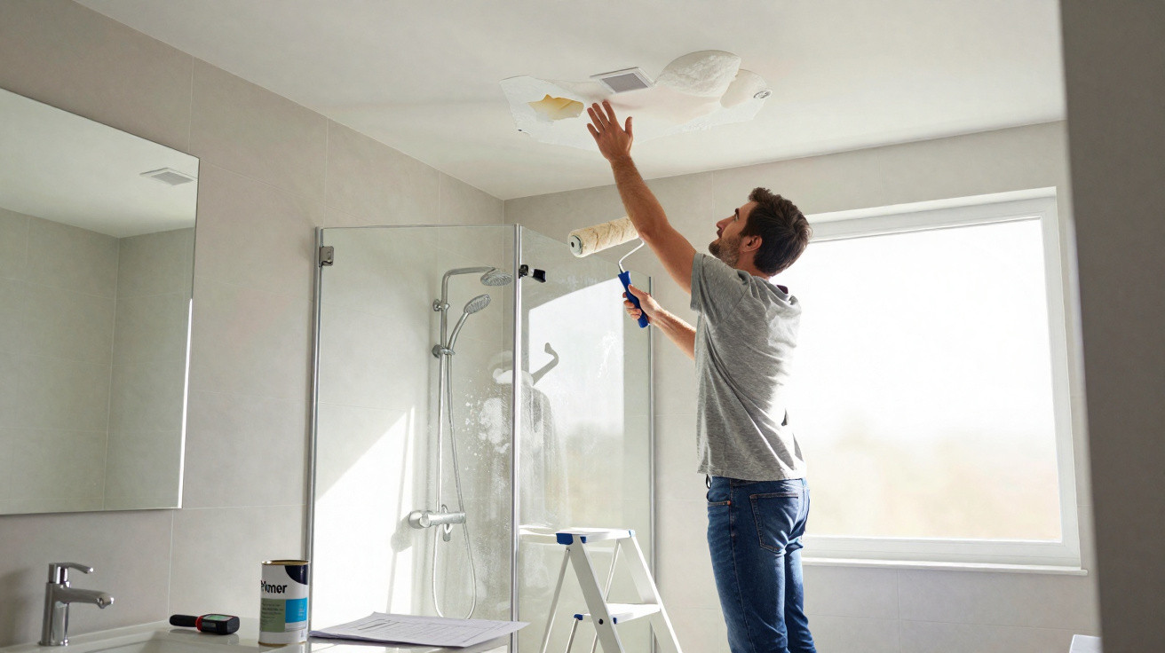 Man painting a white bathroom ceiling using a paint roller while standing on a step ladder next to a shower enclosure.