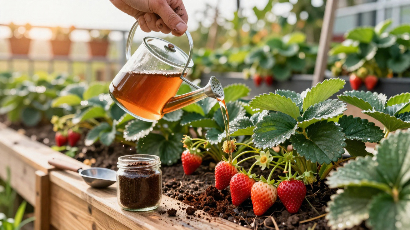 Hand watering ripe strawberries growing in a raised wooden garden bed with a glass watering can.