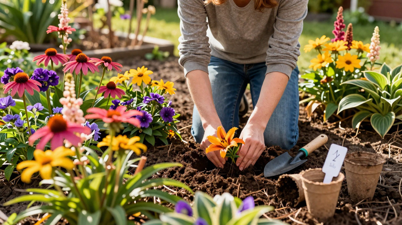 Person planting orange lilies in a colourful flowerbed with gardening tools and plant markers nearby.