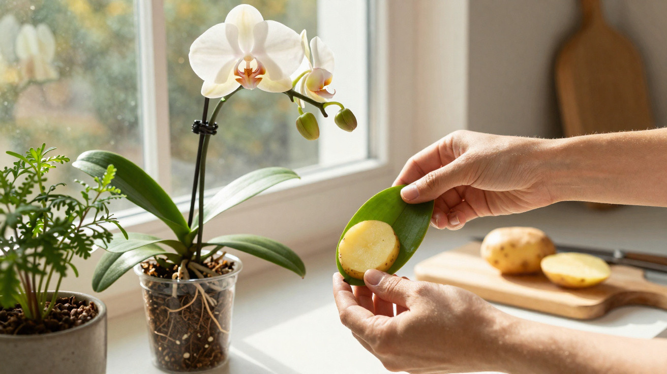 Hands holding a green leaf with butter, with an orchid, potted plant, and potatoes on a sunlit windowsill.