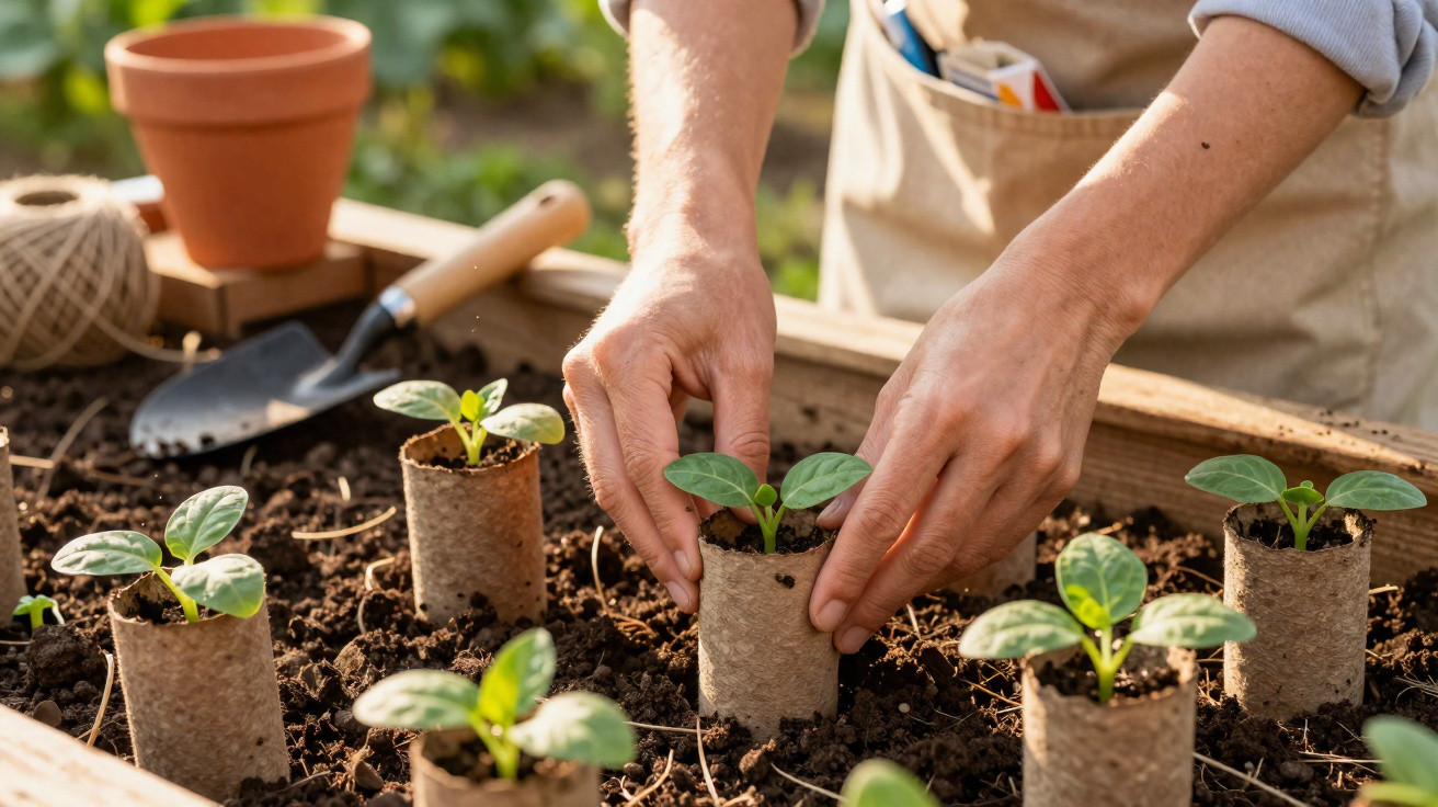 Hands transplanting seedlings from biodegradable pots into soil in a garden bed with gardening tools nearby.