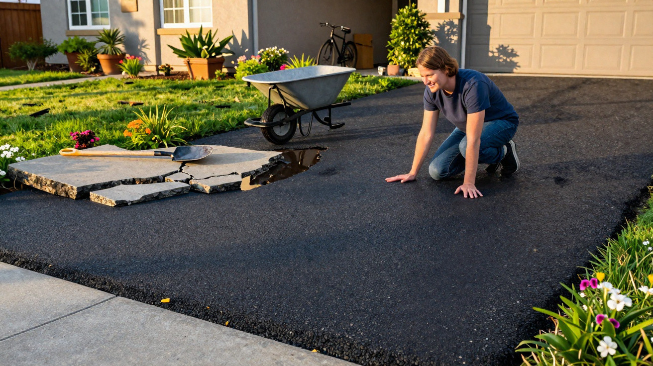 Man kneeling on a driveway next to broken concrete slabs and a wheelbarrow in front of a house.