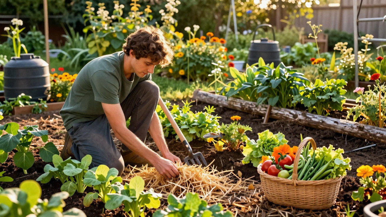 Young man kneeling and tending soil in a vegetable garden with a basket of fresh produce nearby.