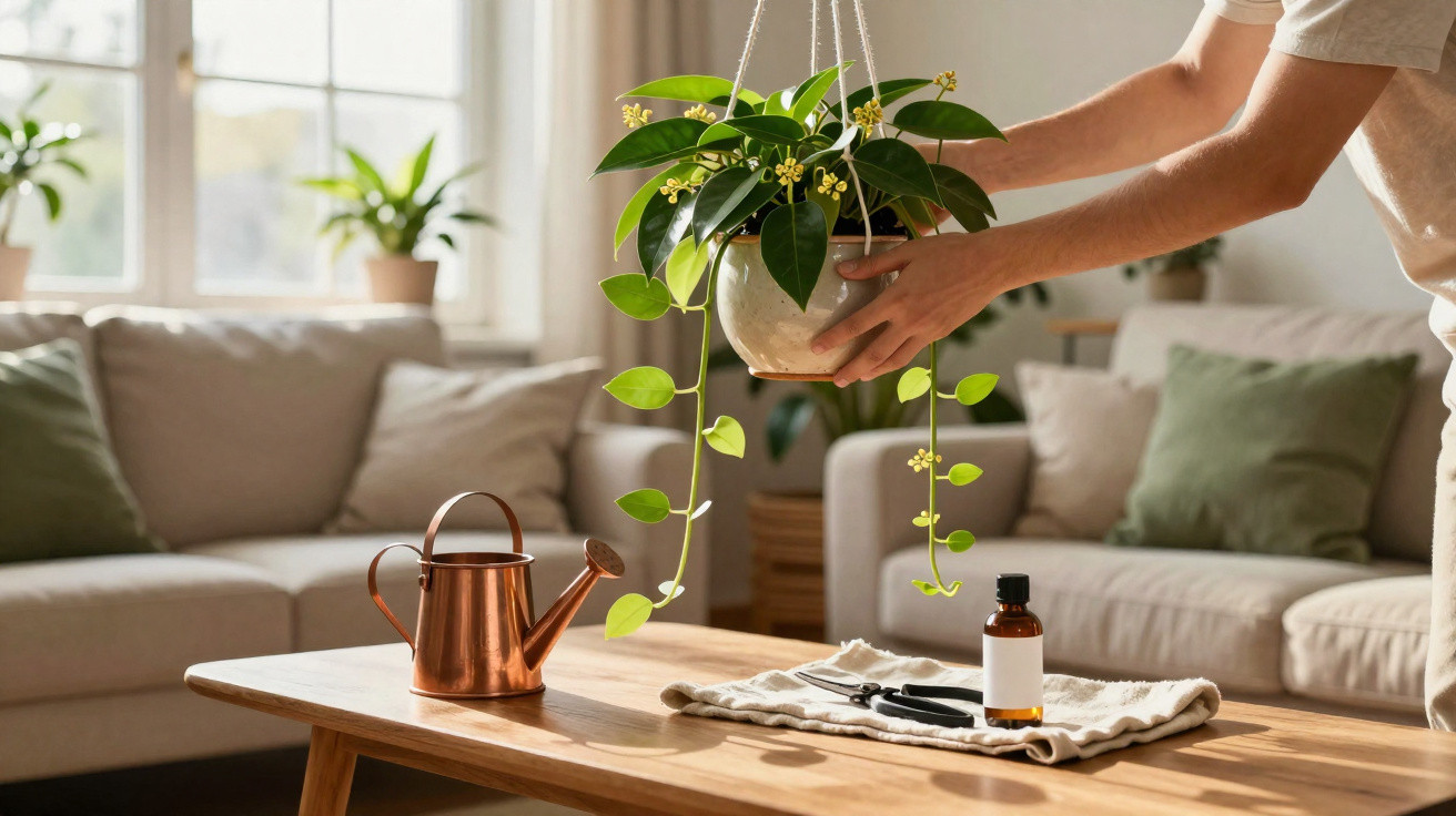 Person adjusting hanging houseplant above wooden table with watering can and plant care items in a sunlit living room.