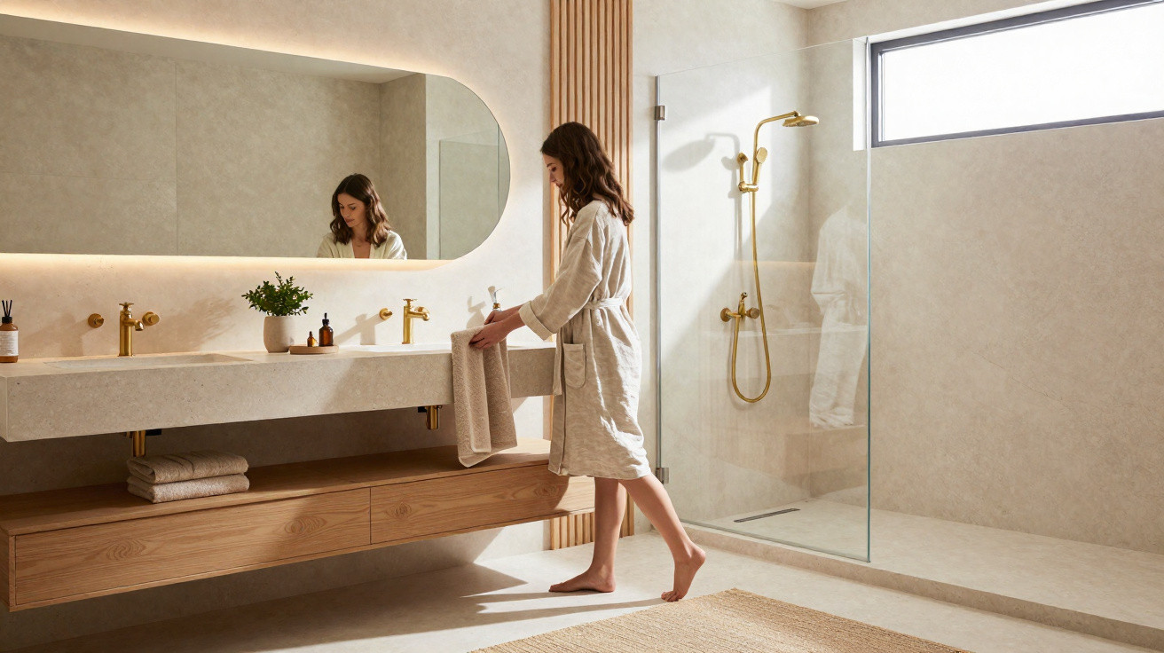 Woman in beige robe hanging towel in modern bathroom with large mirror and gold fixtures.