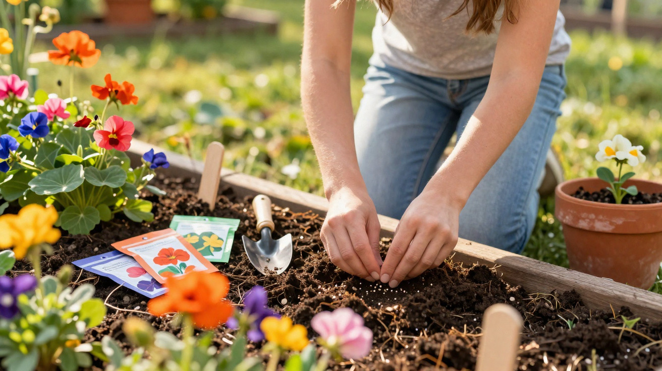 Person planting seeds in a garden bed surrounded by colourful flowers and gardening tools.