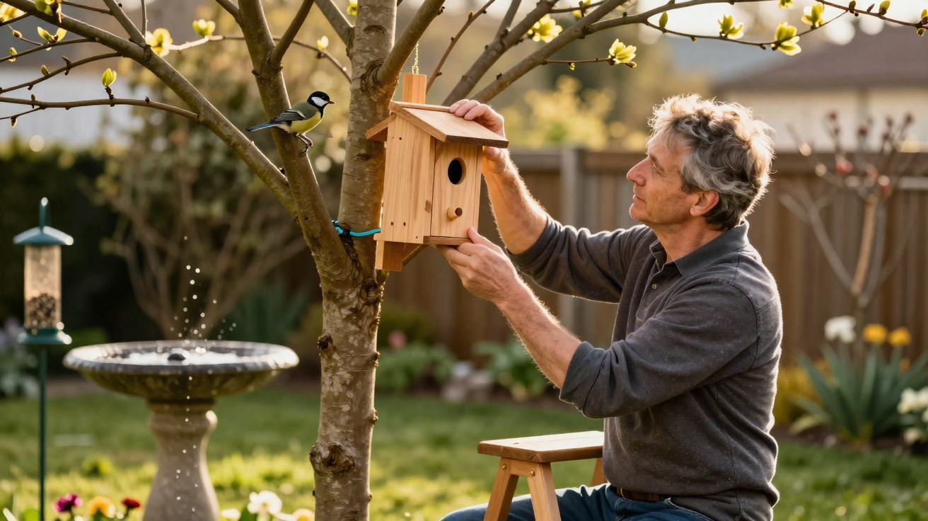 Man attaching wooden birdhouse to tree branch with bird perched nearby in sunlit garden.