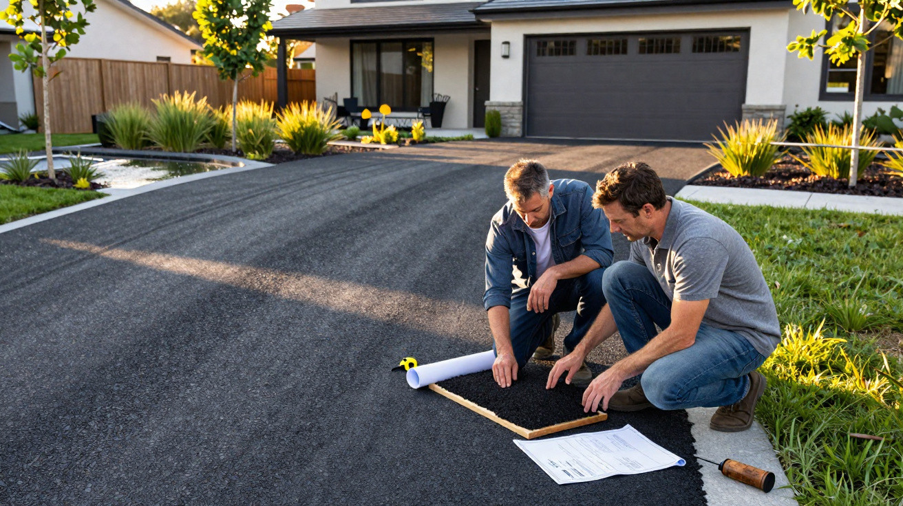 Two men examining a black material sample on a driveway outside a modern house with a roller door.