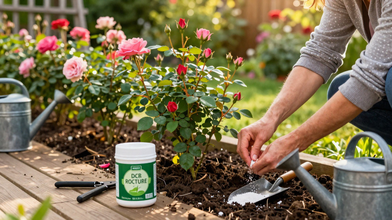 Person spreading fertiliser near growing rose bushes in a garden bed with gardening tools and watering cans nearby.