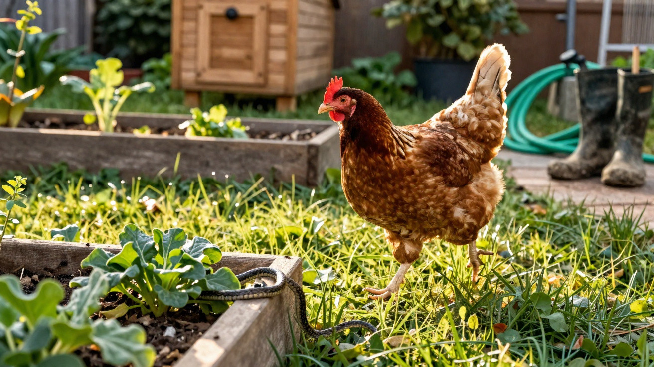 Brown hen walking in sunlit garden near raised beds with a snake among plants and garden tools in background