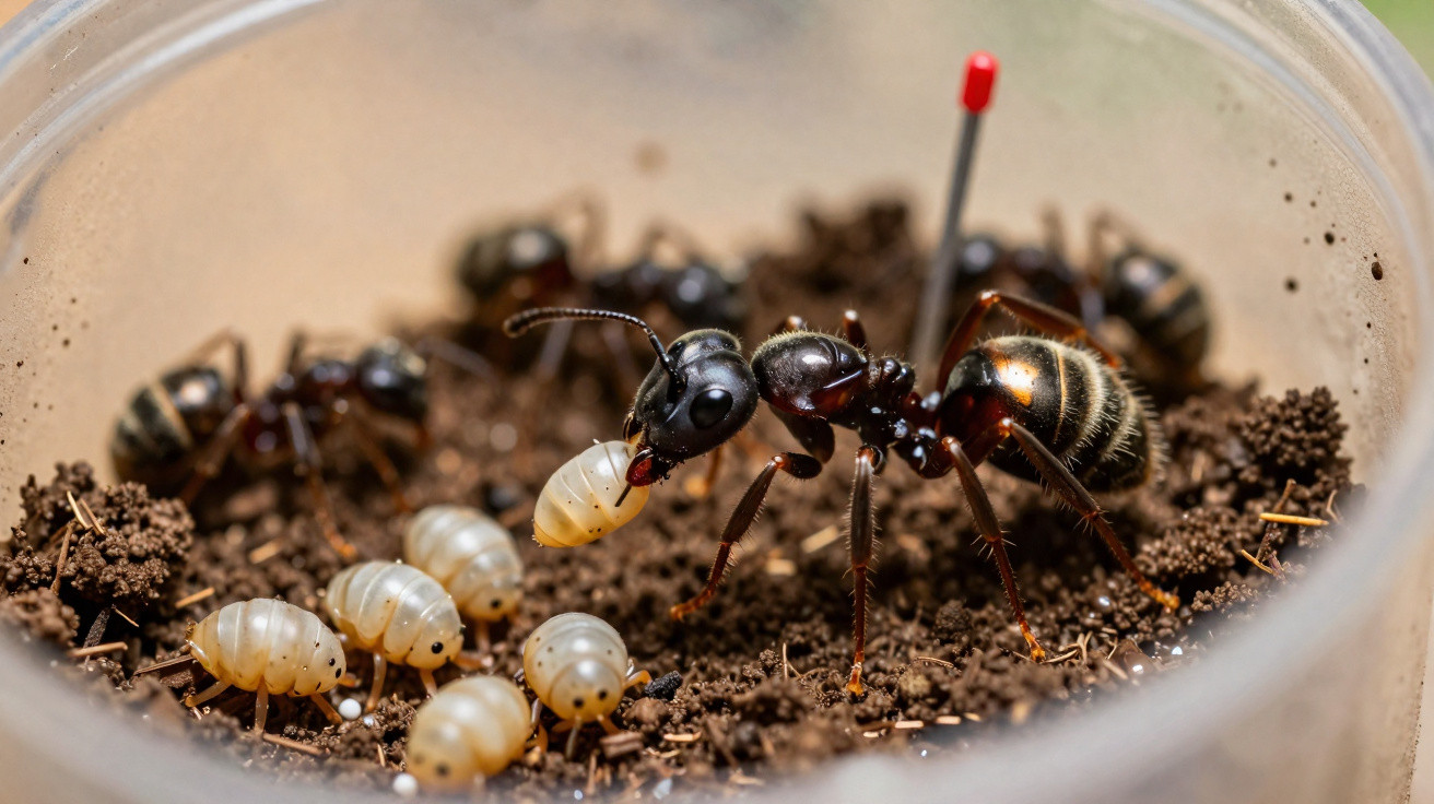 Close-up of a black ant tending to larvae in a soil-filled transparent container.