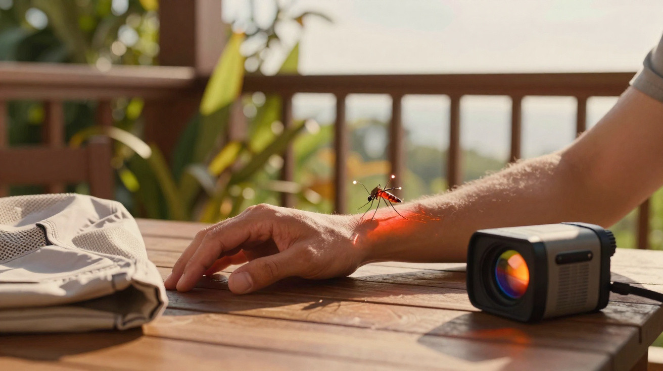 Mosquito biting a person’s arm on a wooden table next to a folded shirt and a small projector.