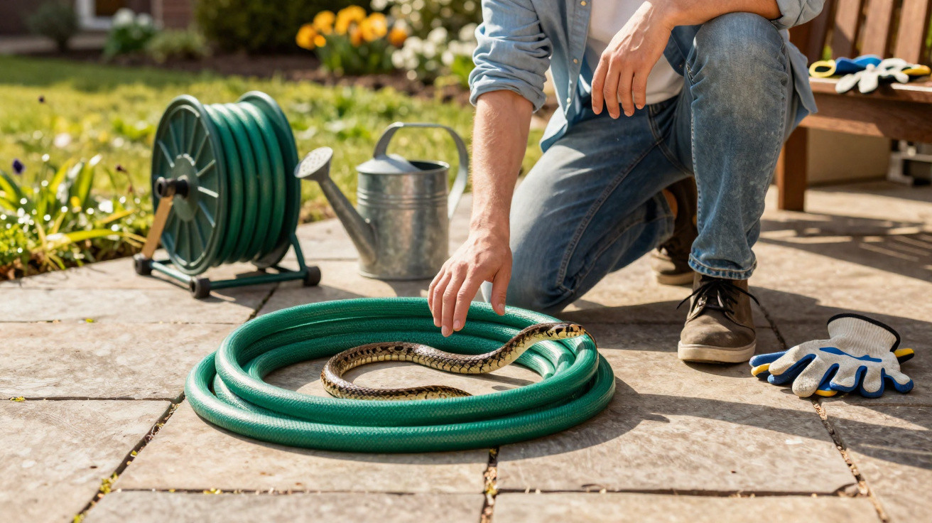 Person kneeling on a patio reaching towards a snake coiled inside a green garden hose in sunlight.