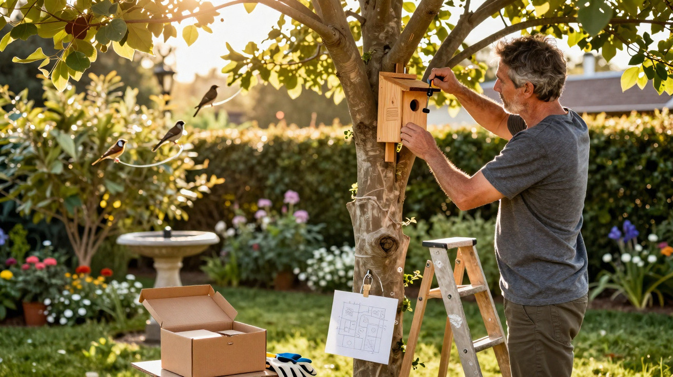 Man installing a wooden birdhouse on a tree in a garden with birds flying nearby at sunset.