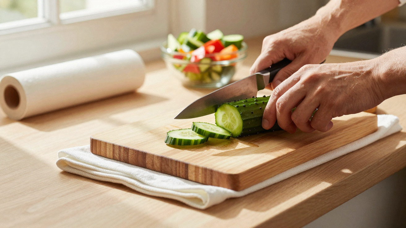 Hands slicing a cucumber on a wooden chopping board with a bowl of mixed vegetables in the background.