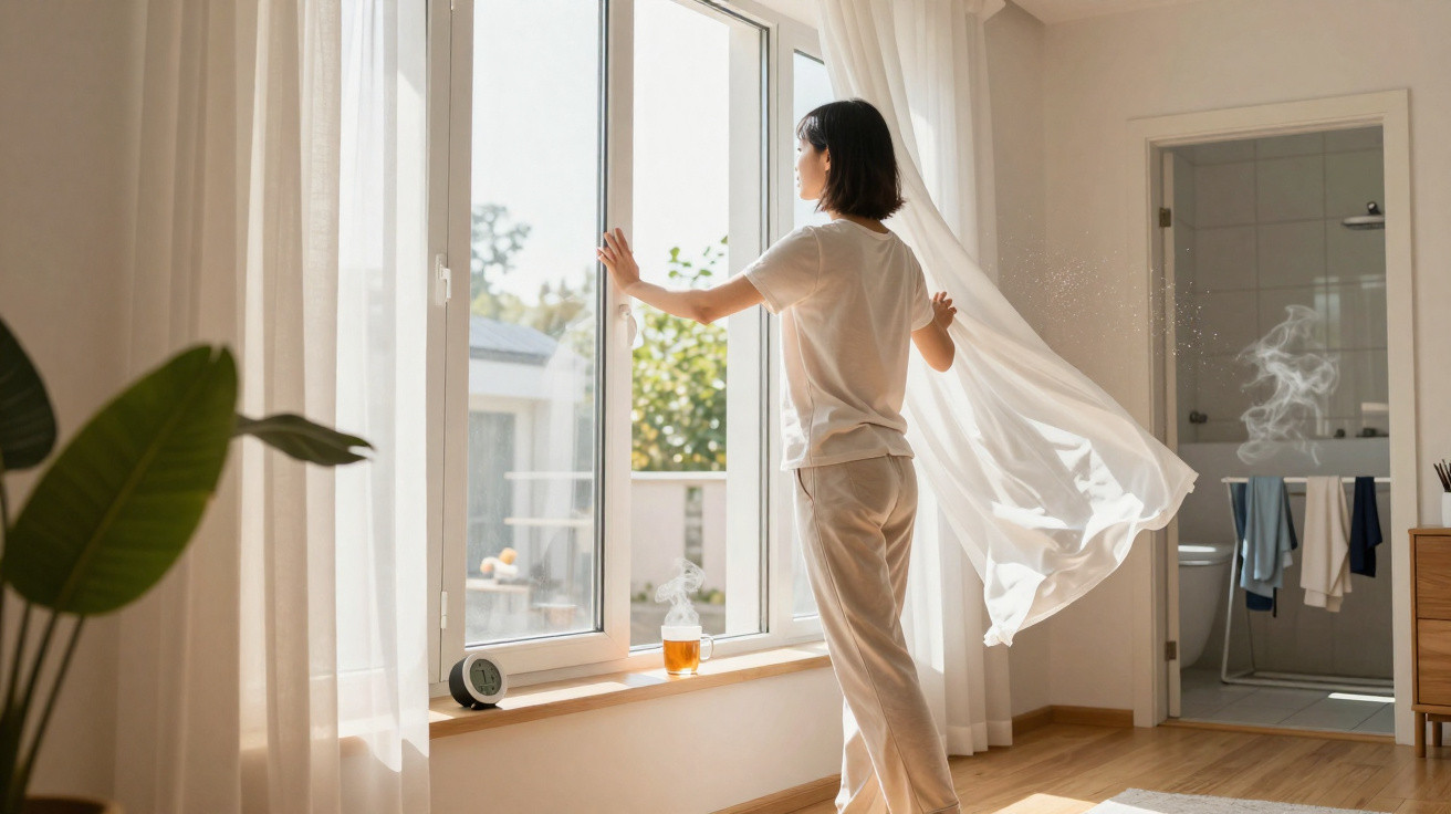 Woman in white pajamas opening window in bright room with flowing curtain and cup of tea on sill