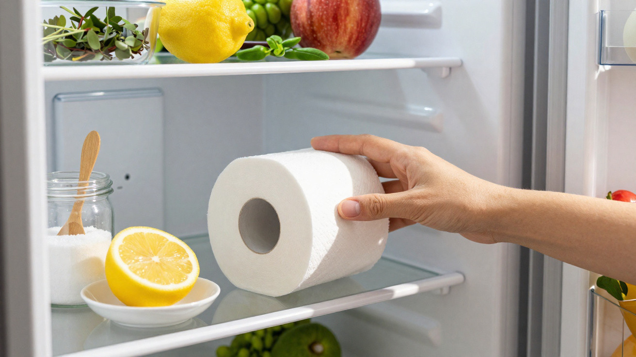 Hand placing a roll of kitchen paper inside a fridge containing lemon, apple, and herbs.